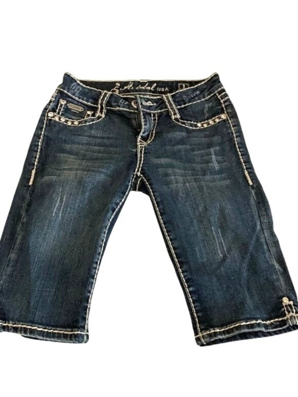 Aidal USA Womens Denim Capri Jeans W27 L12 Size 1 Dark Wash Studded Rolled Hem
